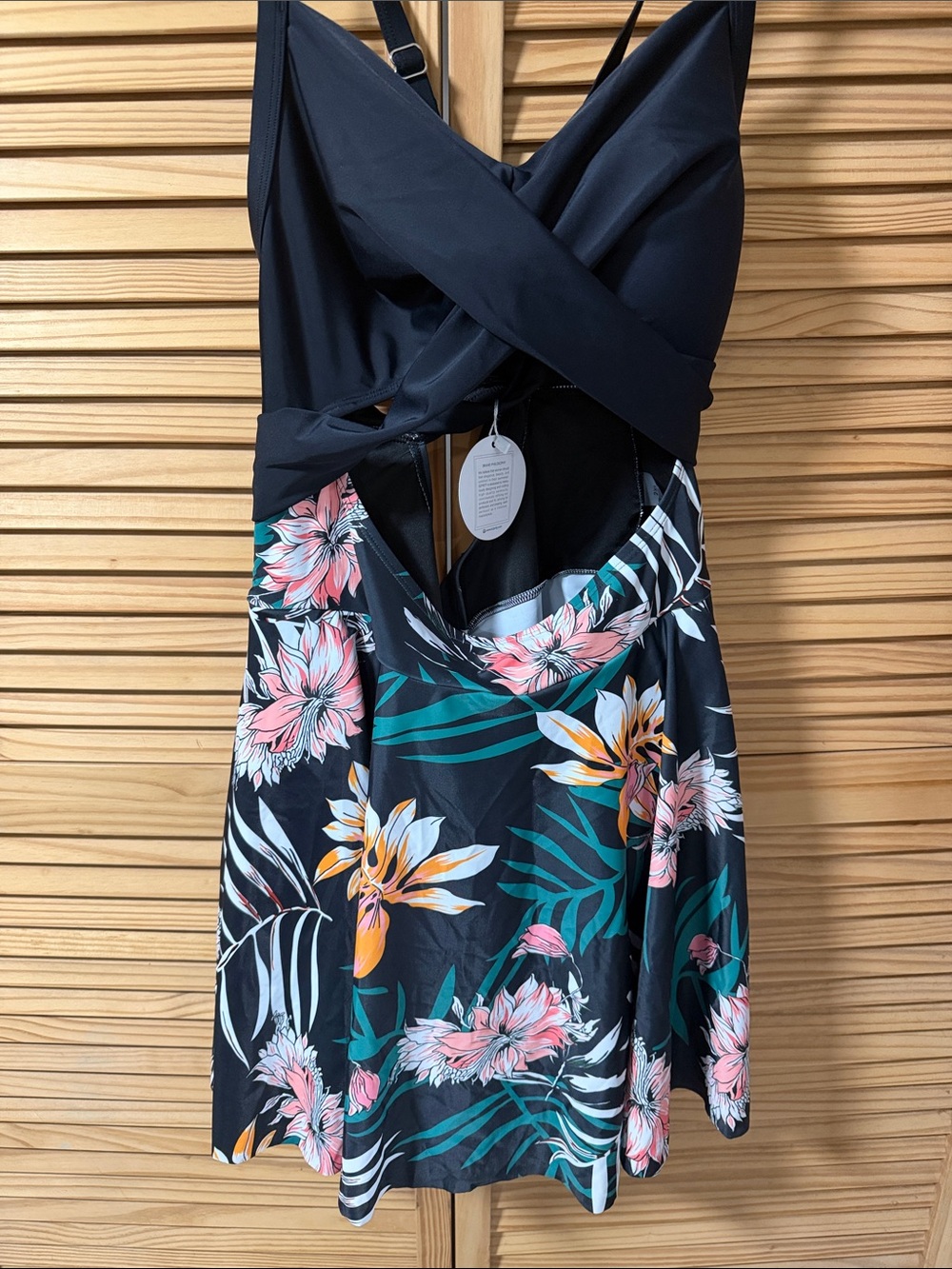Black Floral One-Piece Swim Dress with Tropical Print Skirt